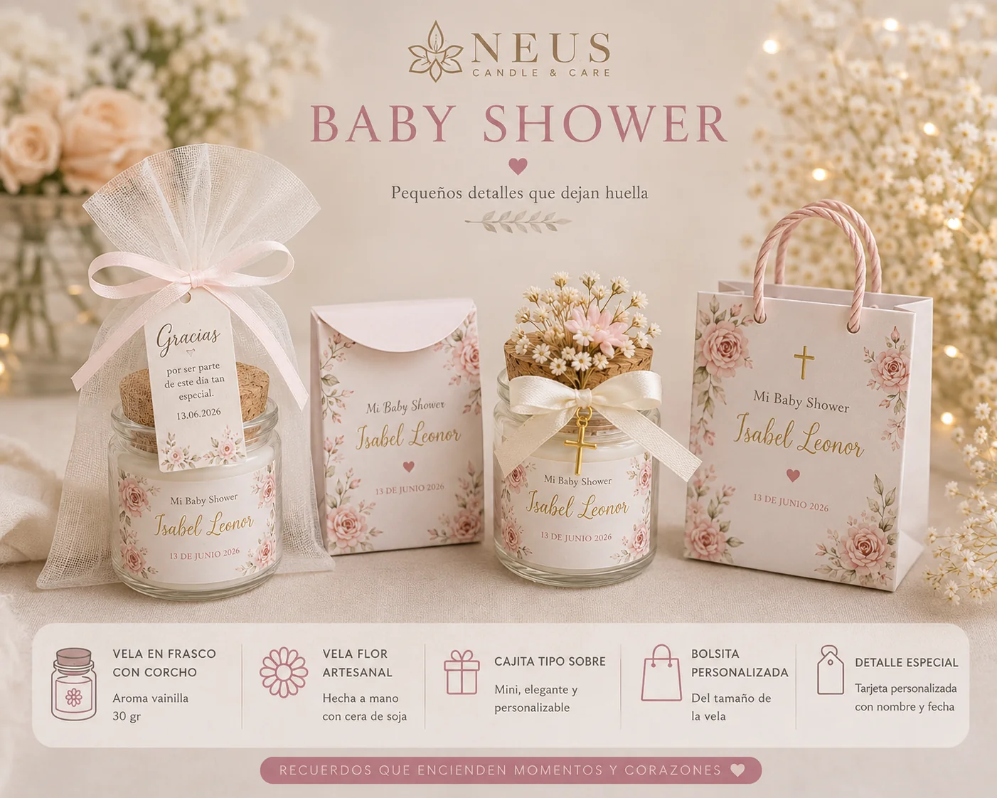 Recuerdos personalizados NEUS en frascos y cajas